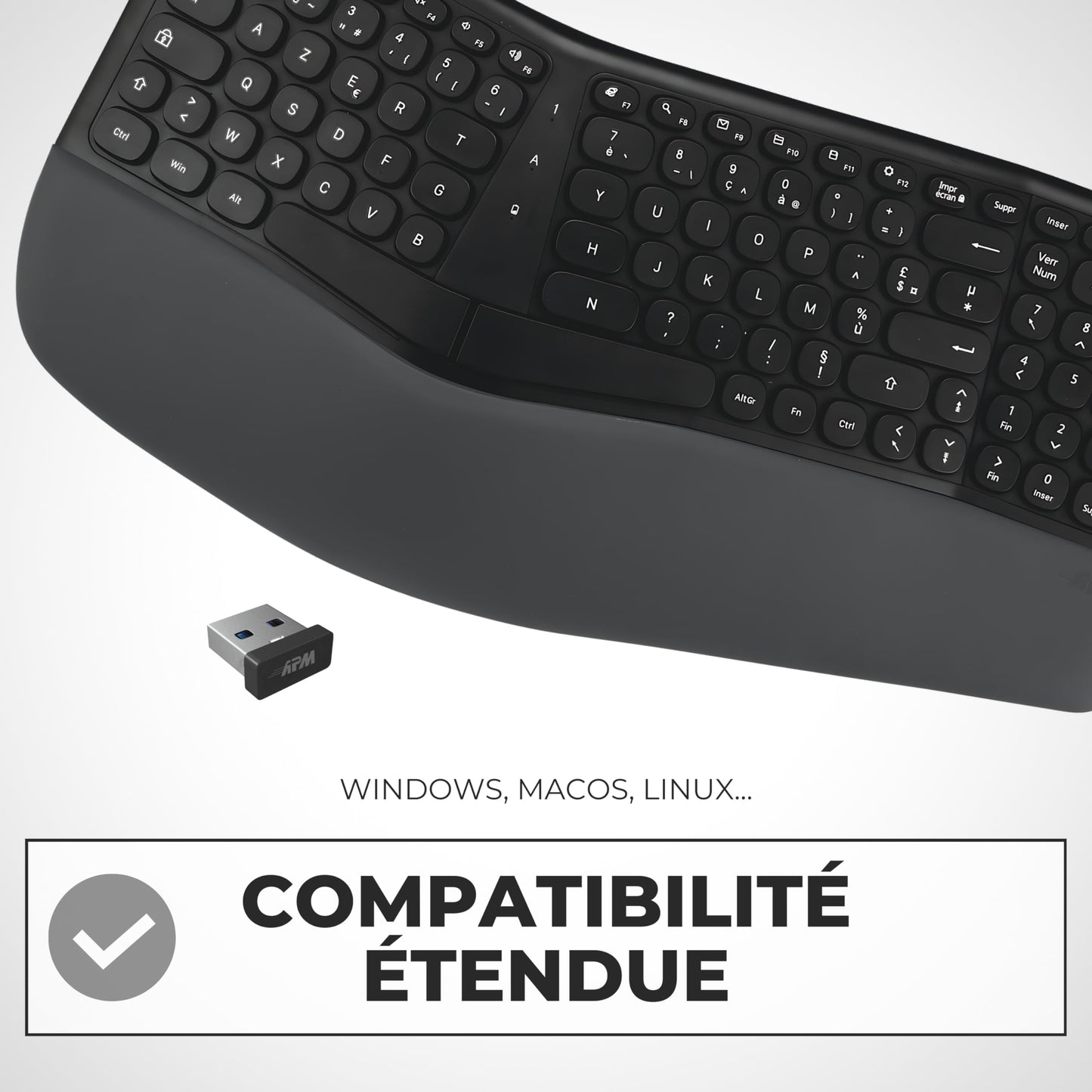 APM Clavier Ergonomique sans-Fil, Récepteur 2.4 GHz, Repose Poignet intégr