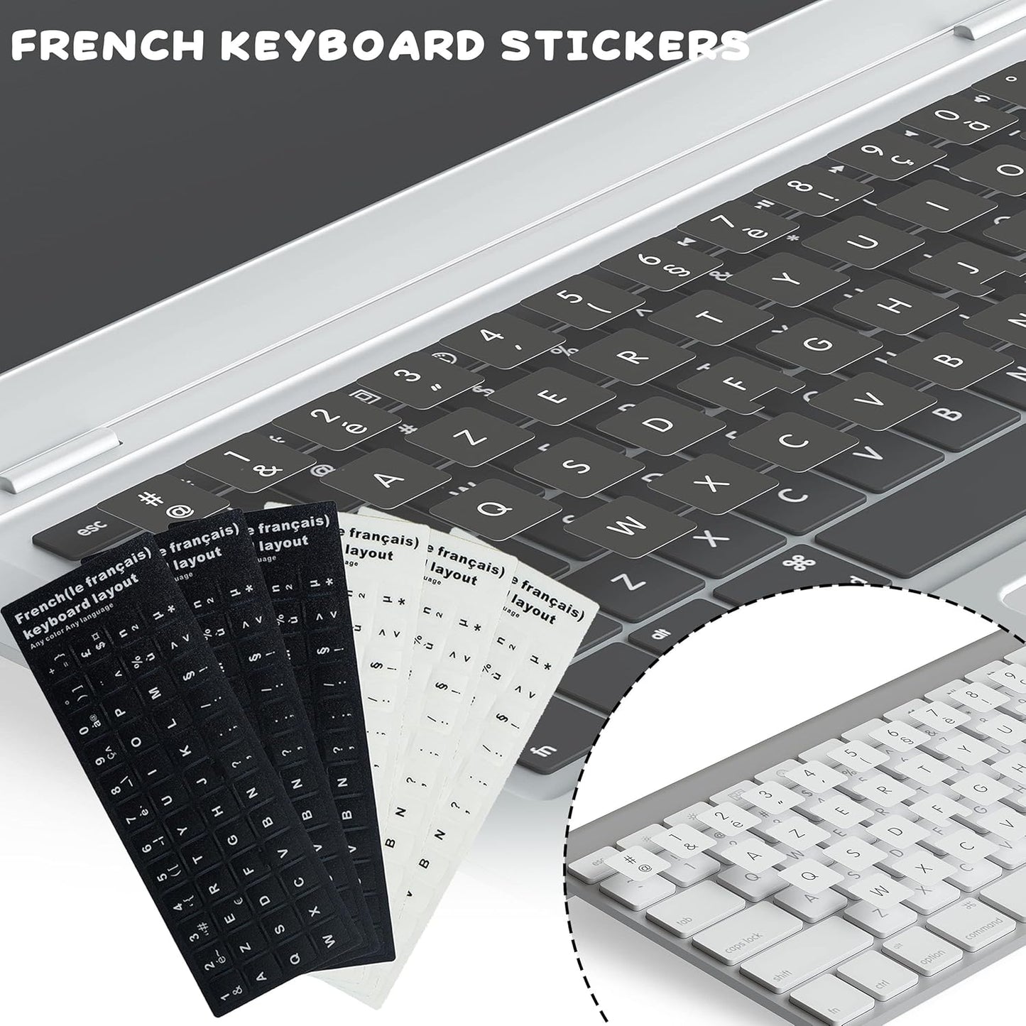 6 Pcs Sticker PVC Clavier Azerty Français(3 Noirs et 3 Blancs)