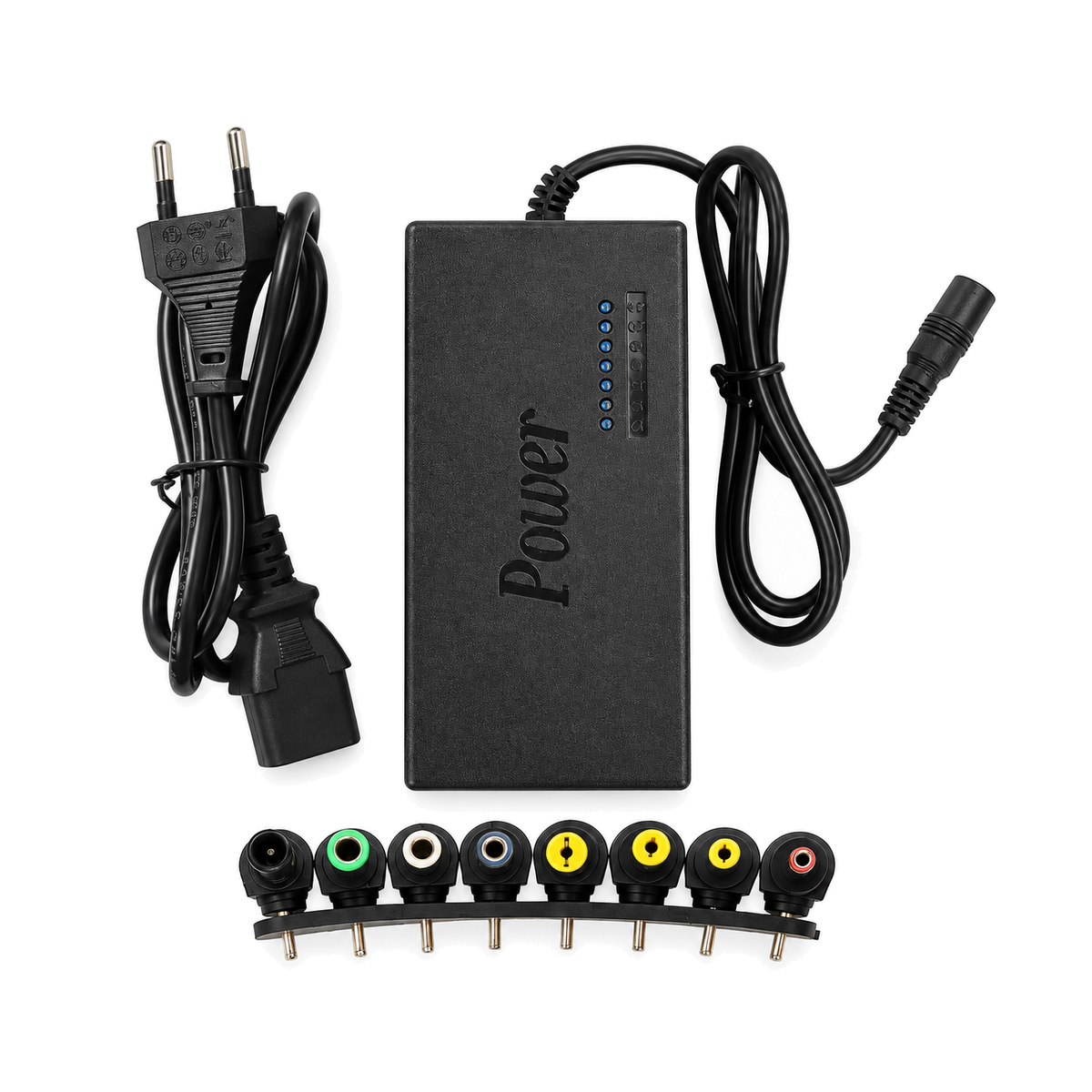 Chargeur universel — 12 à 24 V — 8 embouts sur fond blanc
