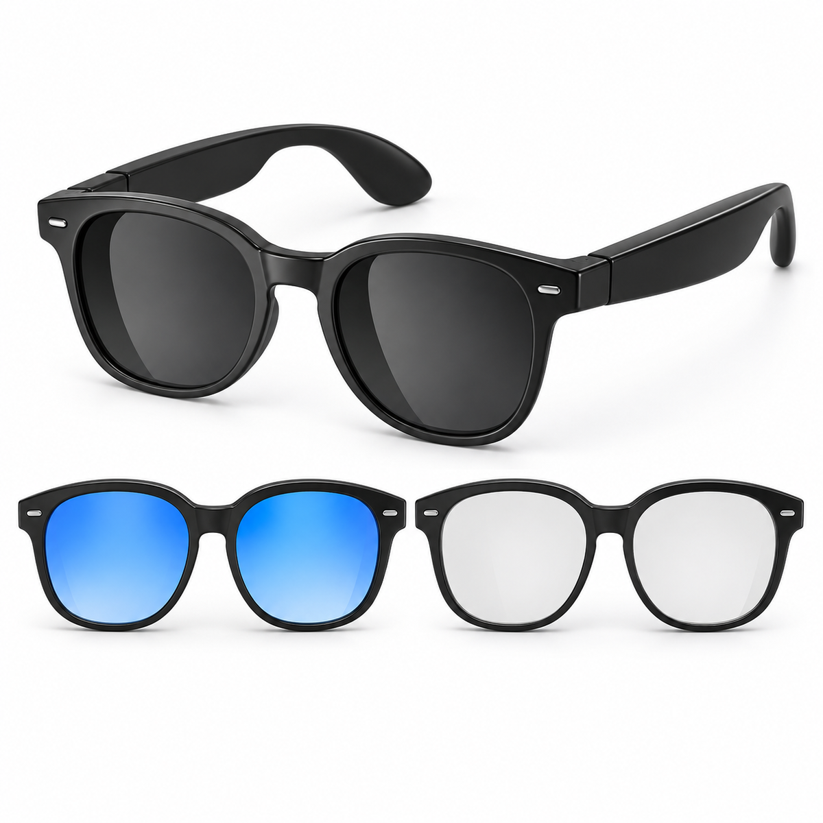 Lunettes connectées noires — trois jeux de verres