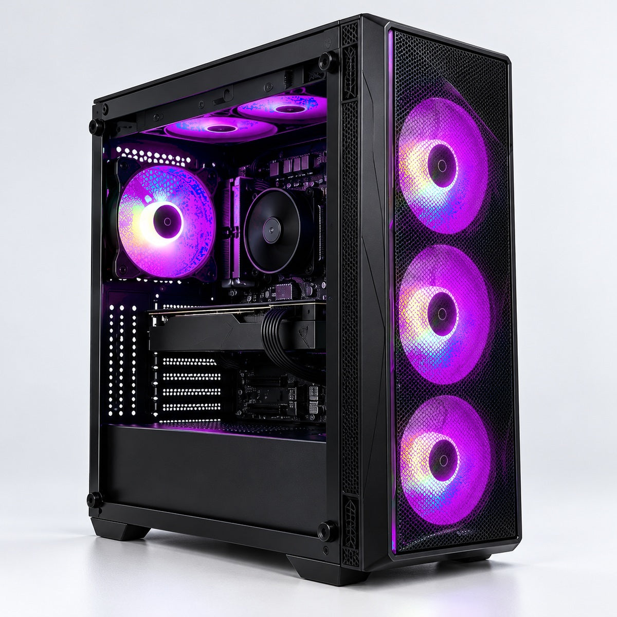 PC Gaming Ryzen 5 5600X reconditionné, boîtier MSI MAG Forge 120A Airflow, trois ventilateurs avant RGB violets