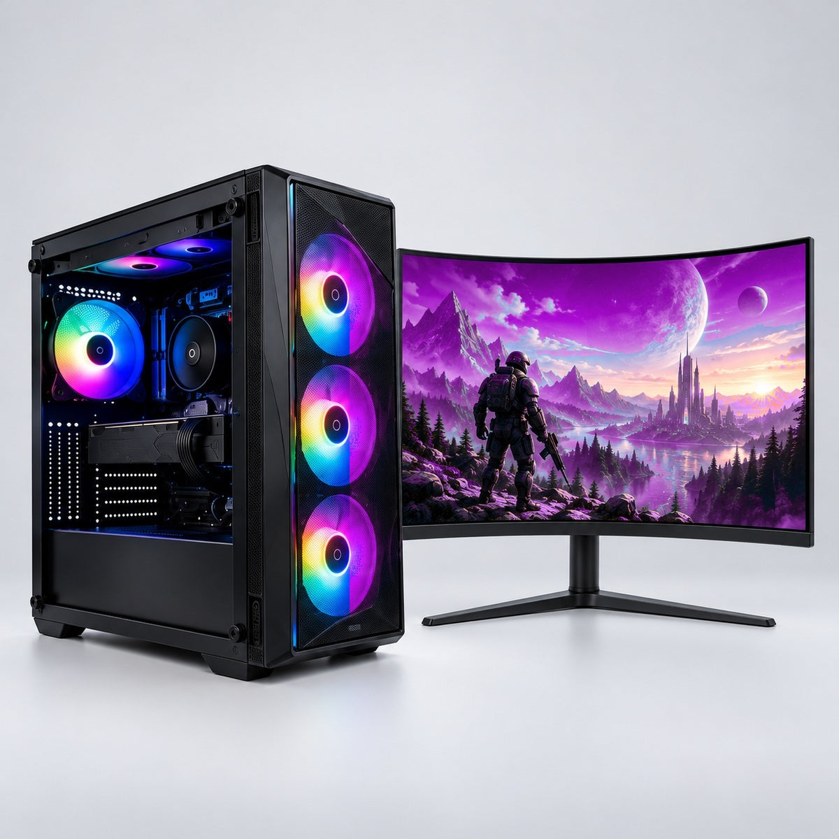 PC Gaming Ryzen 5 5600X reconditionné, boîtier MSI MAG Forge 120A Airflow, trois ventilateurs avant RGB violets