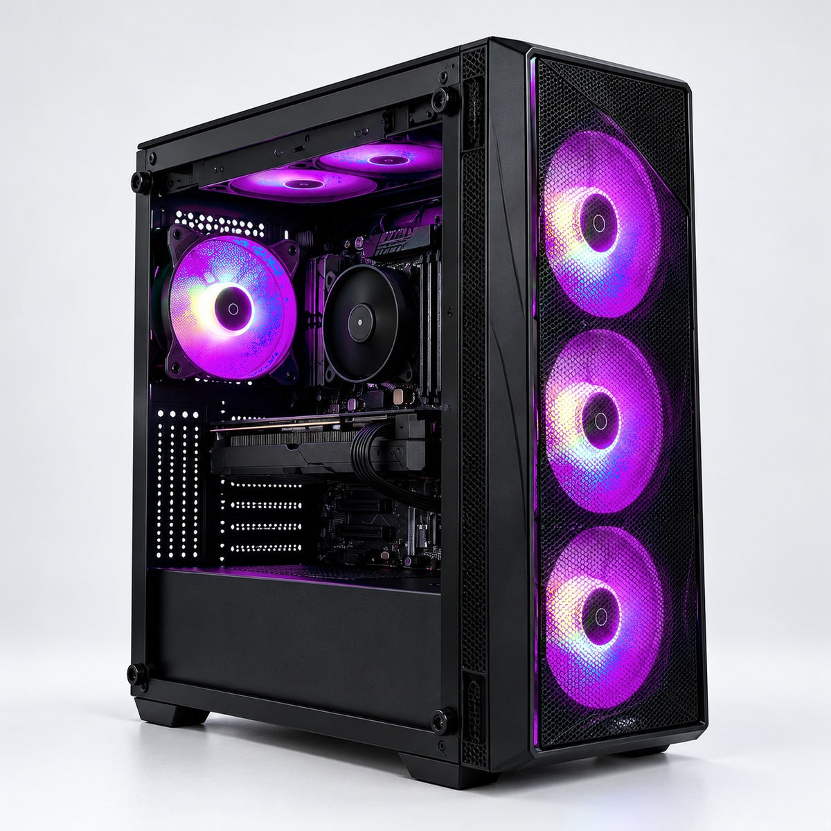 PC Gaming Ryzen 5 5600X reconditionné, boîtier MSI MAG Forge 120A Airflow, trois ventilateurs avant RGB violets