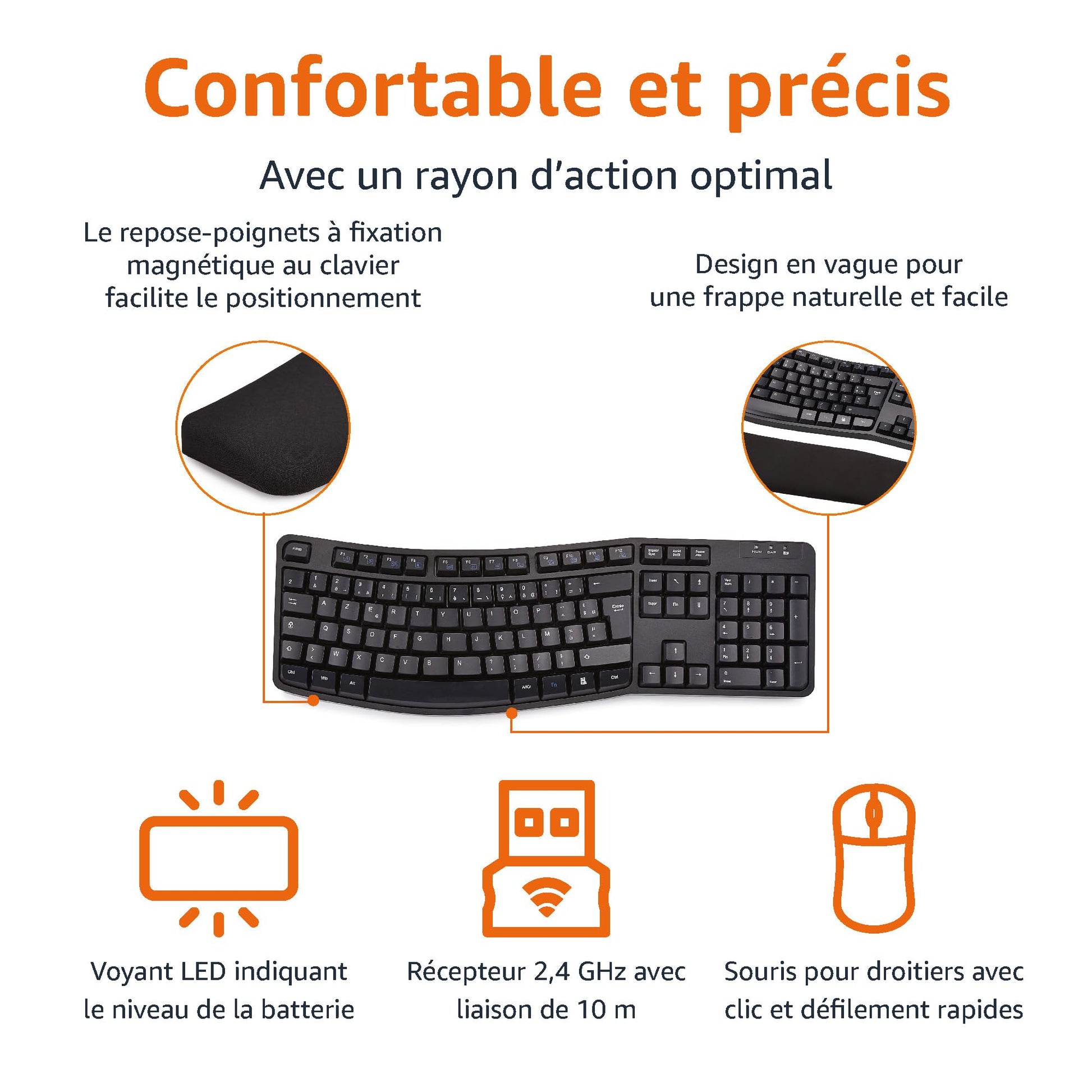 Ensemble clavier et souris ergonomique sans fil - disposition FR - noir - Clavier & souris | DR CLICK Informatique