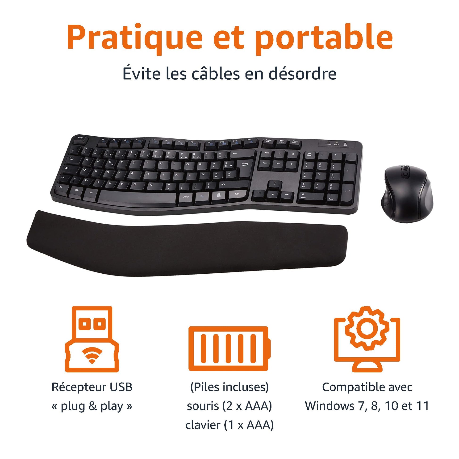 Ensemble clavier et souris ergonomique sans fil - disposition FR - noir - Clavier & souris | DR CLICK Informatique
