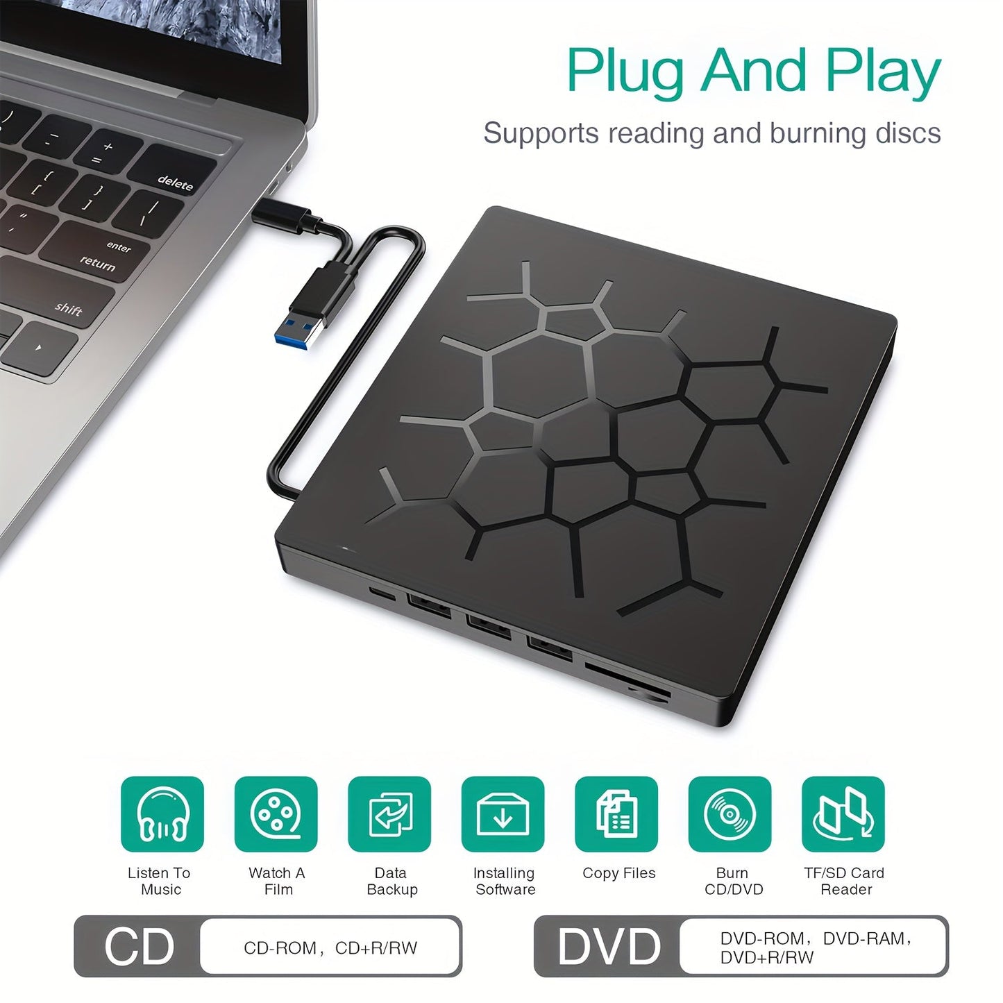 Lecteur CD/DVD externe 8 - en - 1 avec double interface USB 3.0 - Type - C - Lecteurs et accessoires multimédia | DR CLICK Informatique