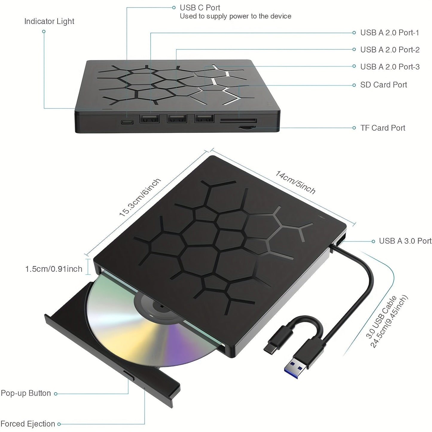 Lecteur CD/DVD externe 8 - en - 1 avec double interface USB 3.0 - Type - C - Lecteurs et accessoires multimédia | DR CLICK Informatique