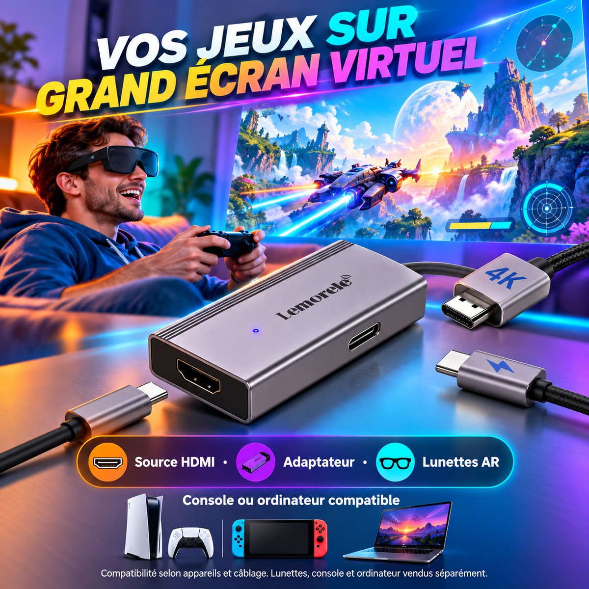 Adaptateur Lemorele HDMI vers USB-C — jeux