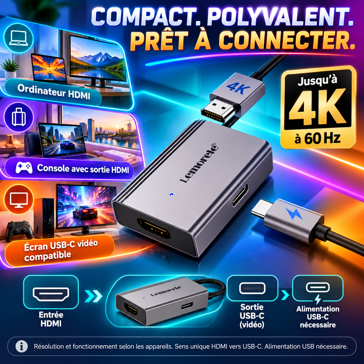 Adaptateur Lemorele HDMI vers USB-C — voyage