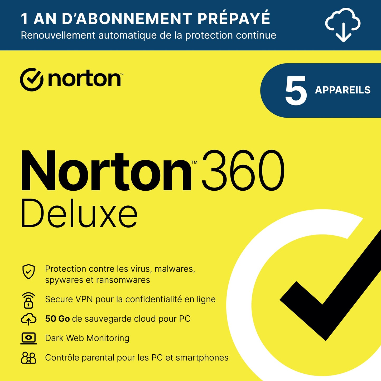 Boîte Norton 360 Deluxe – Protection antivirus pour 5 appareils