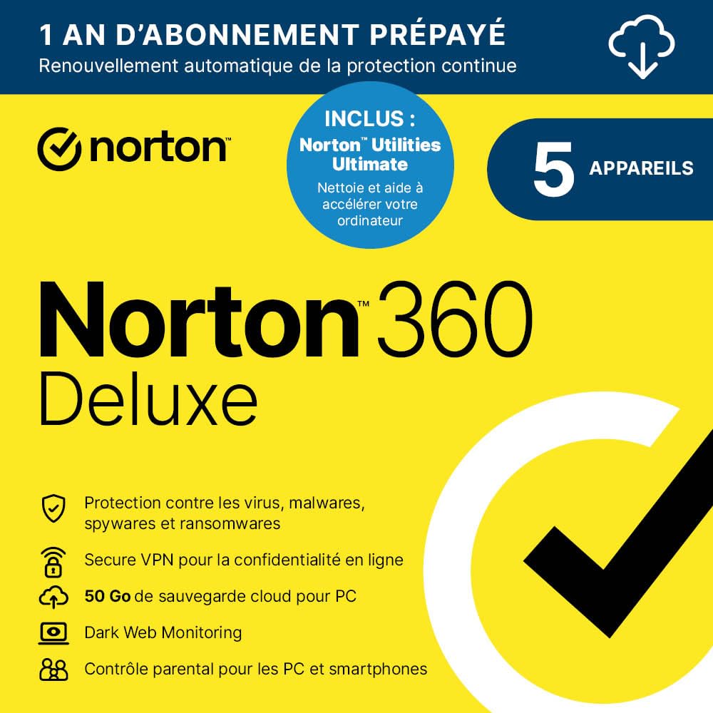 Interface de sécurité Norton 360 Deluxe avec VPN et sauvegarde cloud