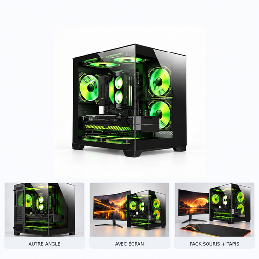 PC Gaming Ryzen 7 8700F RX 9060 XT, boîtier vitré Power Train, éclairage RGB vert