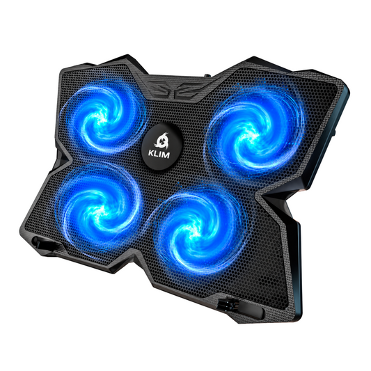 KLIM Wind — Support de refroidissement, 4 ventilateurs, noir et cyan — vue principale sur fond blanc