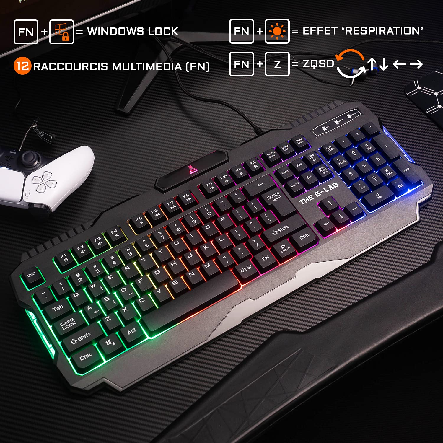 The G - Lab - Combo Hélium - Ensemble Gaming 4 en 1 - Clavier Gamer Azerty Rétroéclairé, Souris Gamer 3200 Dpi, Tapis De Souris Antidérapant - 6 Touches Anti - ghosting - Pack Pc Ps4 Xbox One - Clavier & souris | DR CLICK Informatique